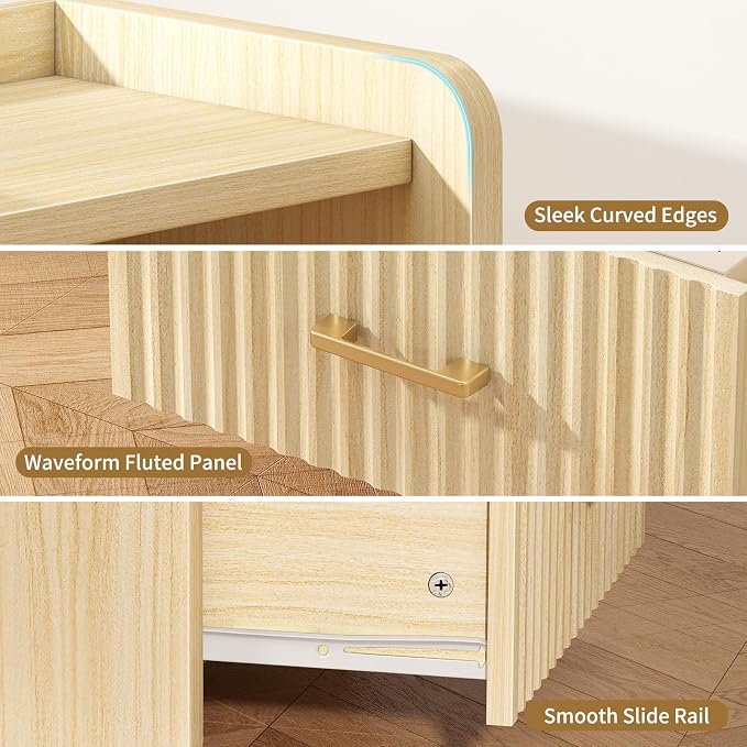 Night Stand with Charger Station, Fluted Nightstands Set of 2 with Drawer - Image 6