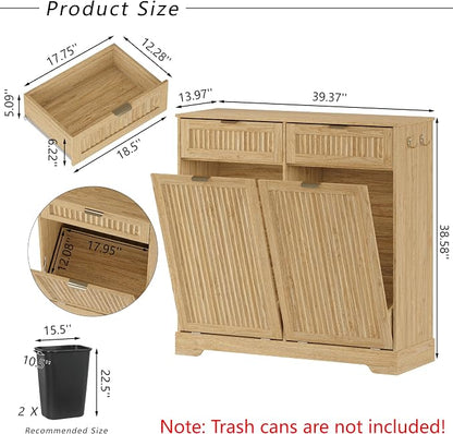 2 x 13 Gallons Double Tilt Out Trash Can Cabinet, Wooden Fluted Trash Garbage - Image 2