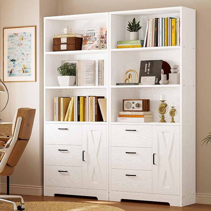 IRONCK Bookshelf with Door and 3 Drawers, 71in Tall Bookcase Shelf with 3-Tier - Image 4