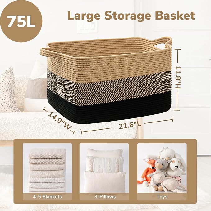 Goodpick Woven Blanket Basket, 21.6" x 14.9" x 11.8" Wicker Laundry Basket - Image 3