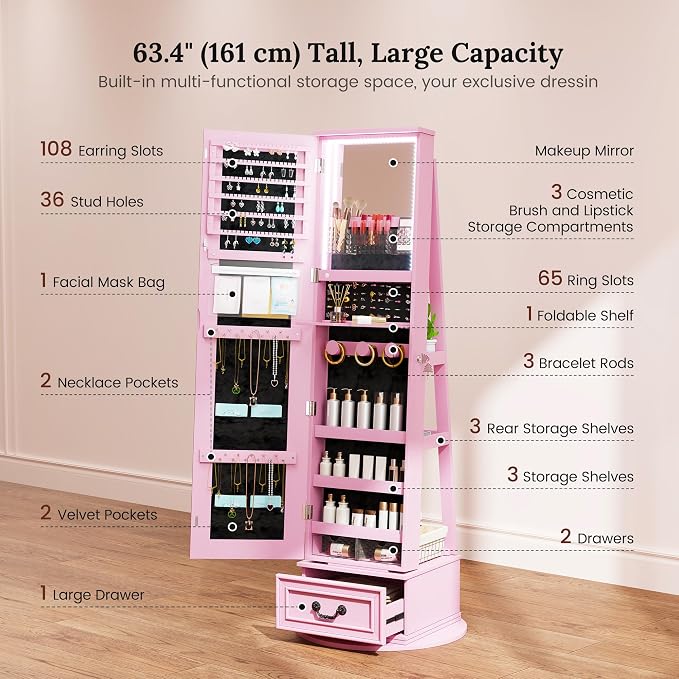LVSOMT LED Mirror Jewelry Cabinet Standing, 360°Swivel Jewelry Armoire - Image 4