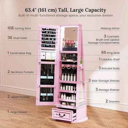 LVSOMT LED Mirror Jewelry Cabinet Standing, 360°Swivel Jewelry Armoire - Image 4