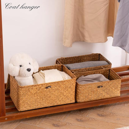 Nonam Storage Basket with Lid, Natural Seagrass Bin with Lid Set of 3, Shelf - Image 7