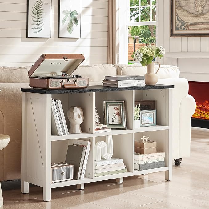 Farmhouse 6 Cube Bookshelf, Antique White & Black Wooden Storage Organizer Book - Image 7