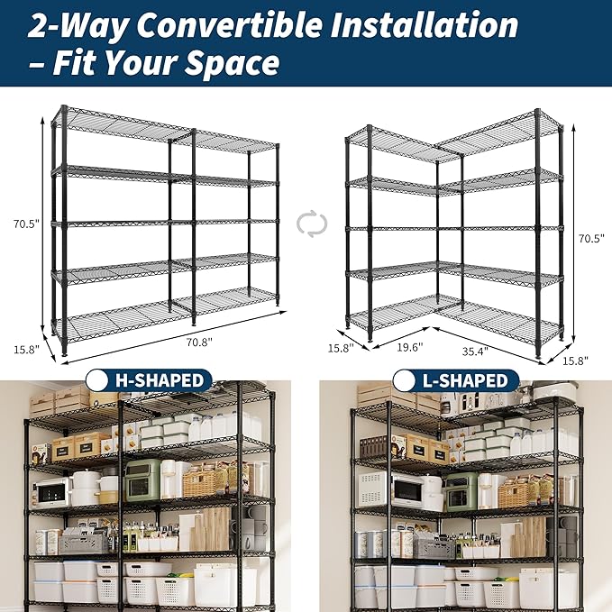 5 Tier Storage Shelving Unit Metal Shelves 70" W Wire Shelving, 70.8" H x 70.4" - Image 3