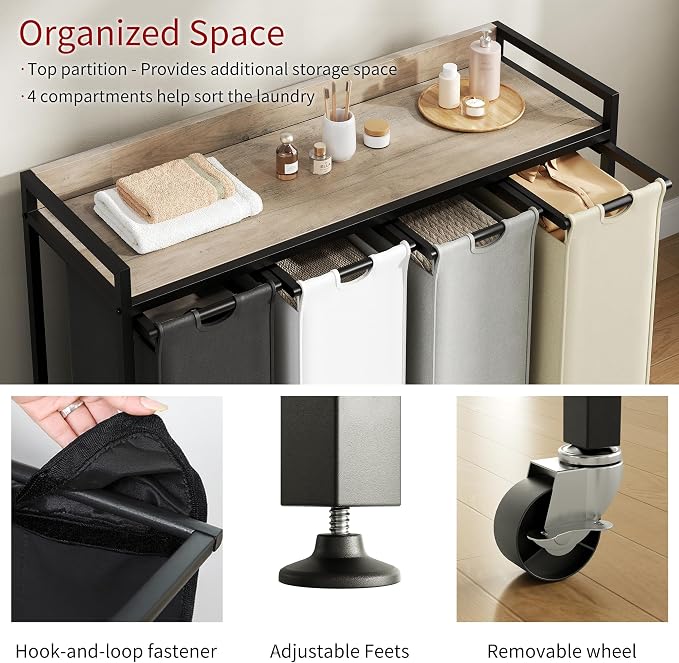 Laundry Hamper with Shelf, Laundry Basket 4 Section, Laundry Sorter with - Image 3