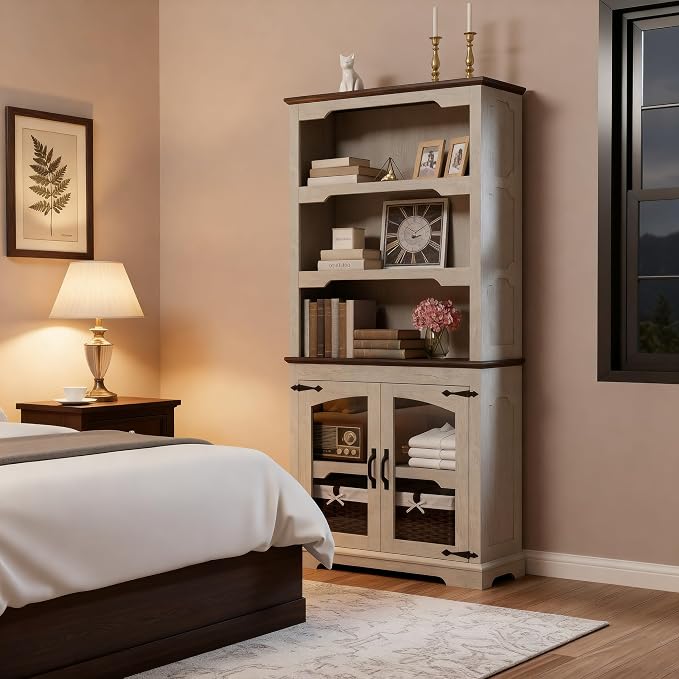 70 Inch Farmhouse Bookcase, Distressed White and Walnut Two-Tone Shelves - Image 7
