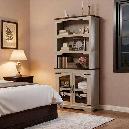 70 Inch Farmhouse Bookcase, Distressed White and Walnut Two-Tone Shelves - Image 7