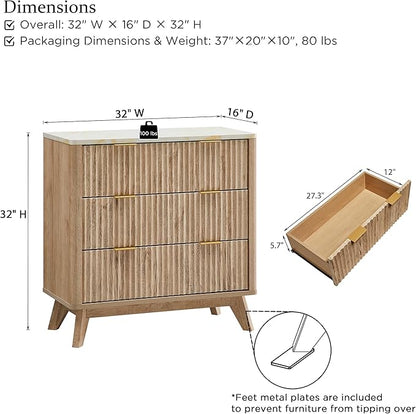 T4TREAM Fluted 3 Drawers Nightstand, Oversized Extra Large Modern Side Table - Image 2