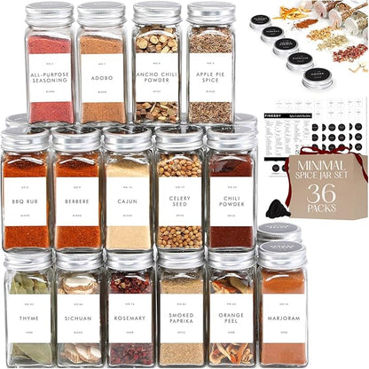 Glass Spice Jars with Labels with Metal Lids and Shakers Minimalist 36 Pack Set by Finessy