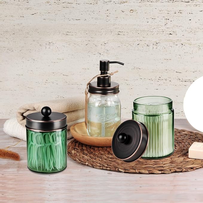 Amolliar Sage Green Qtip Holder, Glass Apothecary Jar Metal Lid & Stickers - Image 7