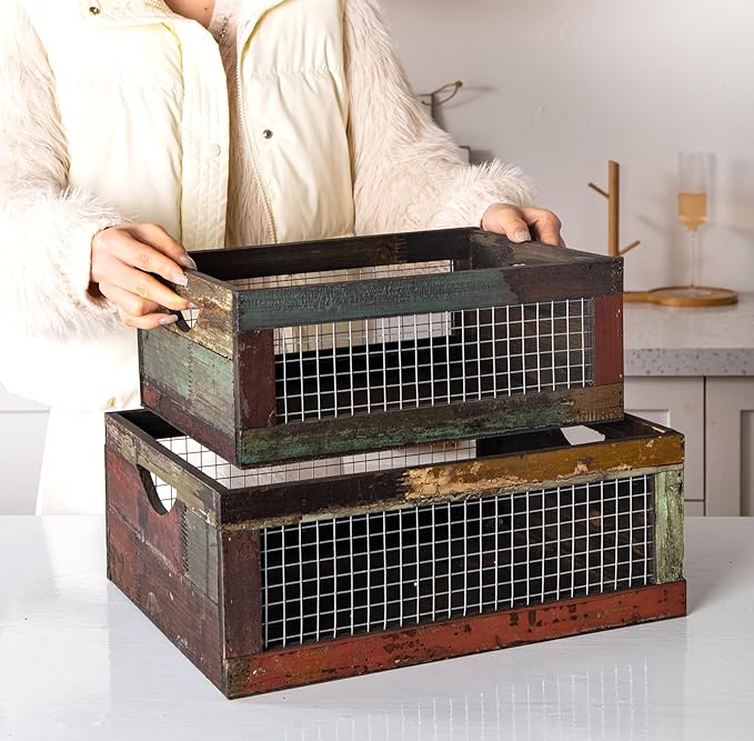 TIMRIS Set of 3 Rustic Wood Nesting Crates, Farmhouse Distressed Wooden Storage - Image 4