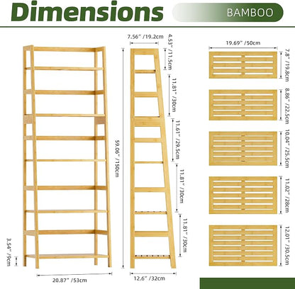 Ladder Shelf, 5-Tier Bookshelf, All Bamboo Heavy Duty Bookcase, Freestanding - Image 3