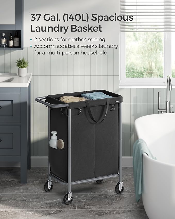 SONGMICS Laundry Basket with Wheels, 2-Section Rolling Laundry Hamper, 37 - Image 3