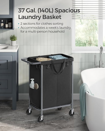 SONGMICS Laundry Basket with Wheels, 2-Section Rolling Laundry Hamper, 37 - Image 3