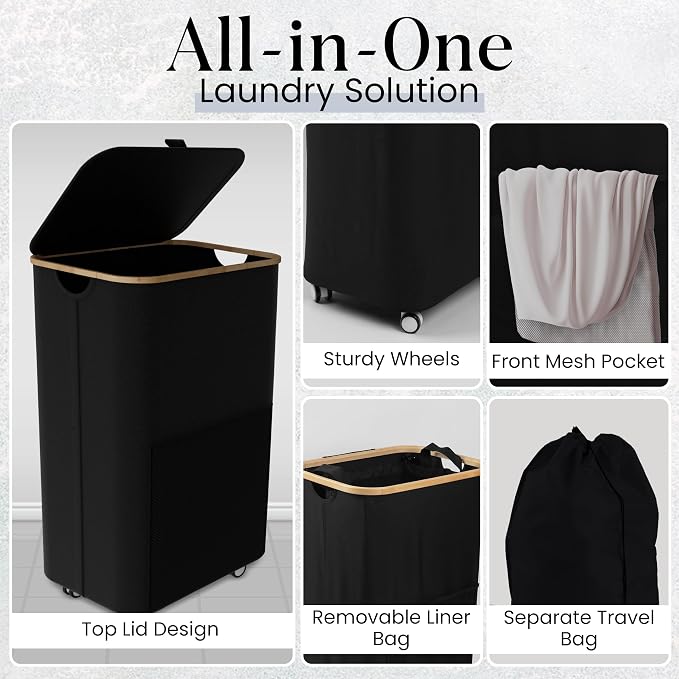 Laundry Basket with Wheels and Handle - 100L Bamboo-Fabric Laundry Hamper with - Image 3