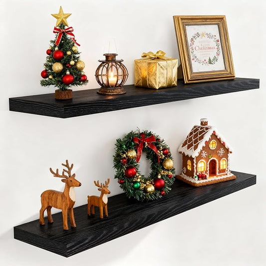 Fun Memories Black Floating Shelves 48 Inch Long, Wood Wall Shelves 48x9.3x1.5 by FunMemories