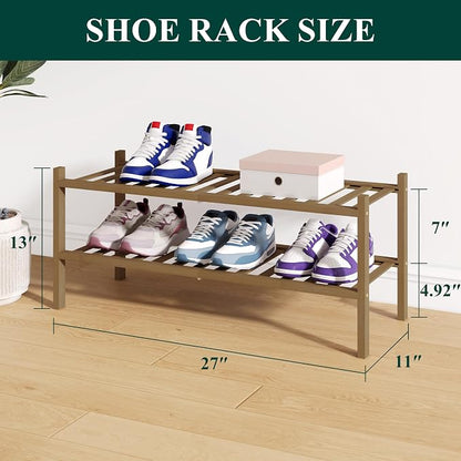 Smiry Bamboo Shoe Rack for Closet, 2 Tier Wooden Stackable Shoe Organizer - Image 2
