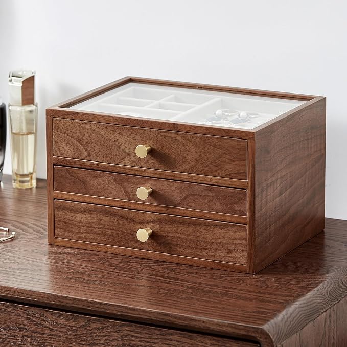 Black Walnut Wooden Jewelry Box Women large 3 Layer Drawer Organizer Box - Image 2