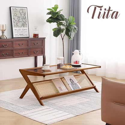 Tiita Rattan Coffee Table, Bamboo Accent Bedside Tables, Glass Nightstand Side - Image 6