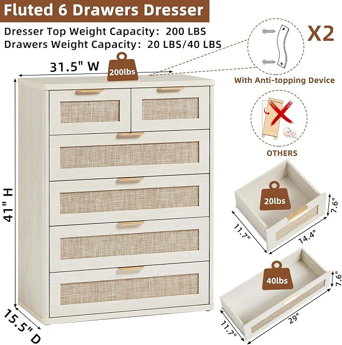 LEYAOYAO White Dresser for Bedroom, Modern 6 Drawers Boho Rattan Dressers - Image 3