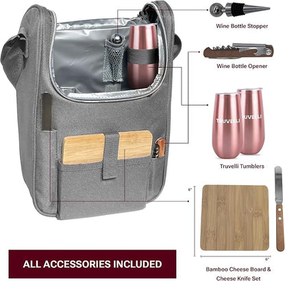 Truvelli Insulated Wine Tote Bag: Portable 2 Bottle Cheese Waterproof Black - Image 3