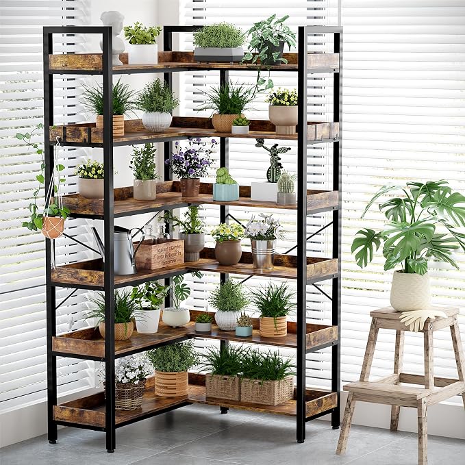 KOUSEI 6-Tier L-Shaped Reversible Corner Bookshelf, Wide Open Shelves + 4 Hooks - Image 5