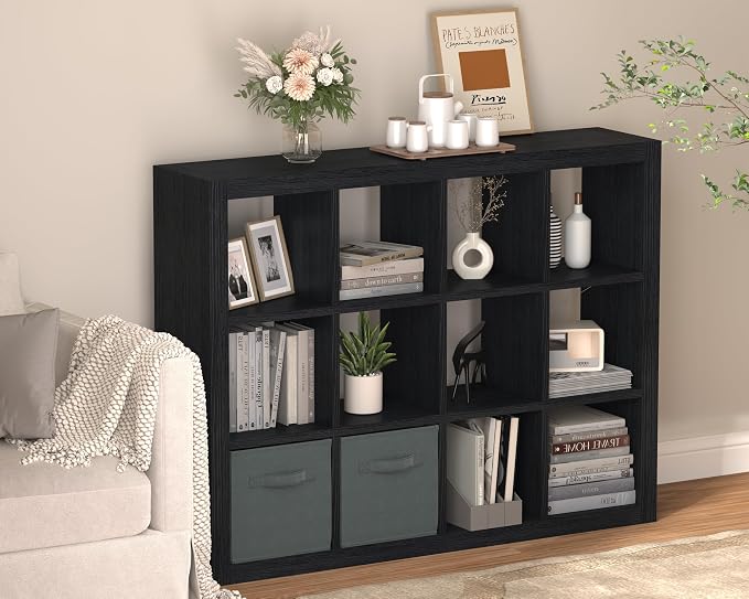 furtble Bookshelf with Storage Bin, 12-Cube Storage Organizer, Modern Wood Open - Image 2