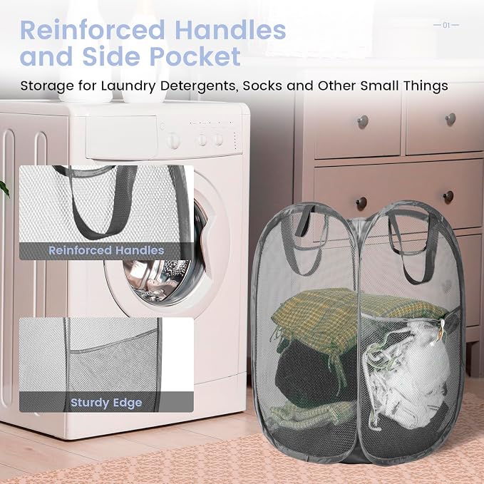 HOUSE AGAIN 2 Pcs Pop Up Laundry Hamper, Strong Mesh Laundry Baskets Collapsible - Image 5