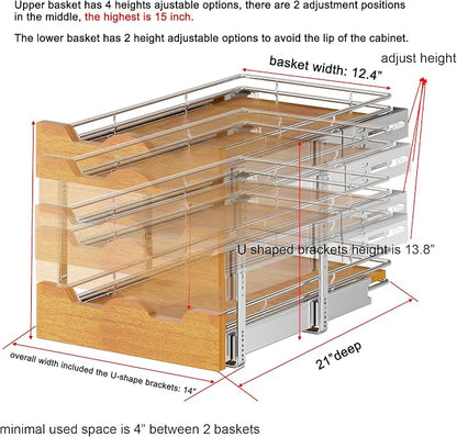 DINDON 2 Tier Pull Out Cabinet Organizer Slide Out Wood Shelf Double Tier - Image 2