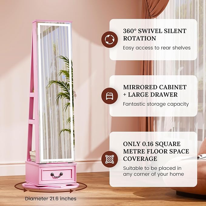 LVSOMT LED Mirror Jewelry Cabinet Standing, 360°Swivel Jewelry Armoire - Image 7
