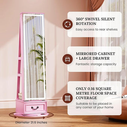 LVSOMT LED Mirror Jewelry Cabinet Standing, 360°Swivel Jewelry Armoire - Image 7