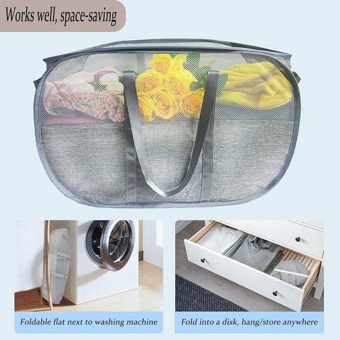 100L Collapsible Laundry Baskets 2 Pack, Extra Large Mesh Pop Up Laundry Hamper - Image 5