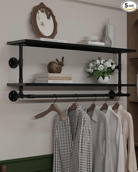 Black Clothes Rack 48in, 2-Tier Wall Mounted Garment Rack by INDUSTRIALSHELVESDESIGN