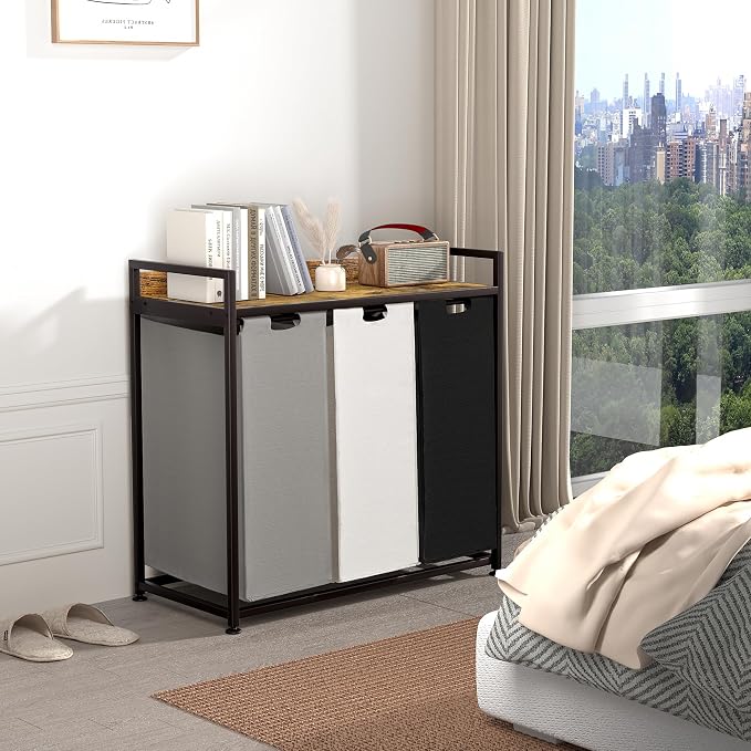 Laundry Hampers with Shelf, Laundry Basket 3 Section, Laundry Sorter with - Image 3