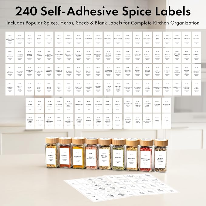 Square Spice Jars with Bamboo Wooden Lid Spice Jars with Shaker Insert and 240 - Image 6