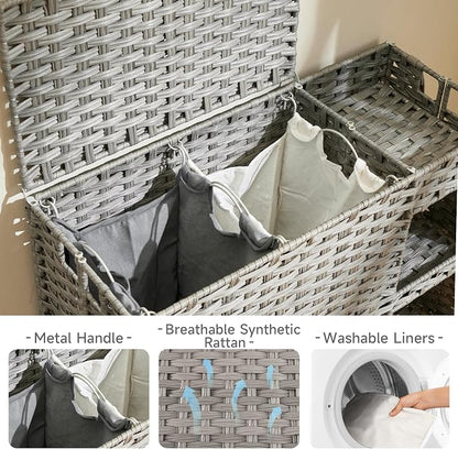 Laundry Hamper with Wheels, 42.3 Gal. Laundry Sorter with Shelves, Rattan - Image 5