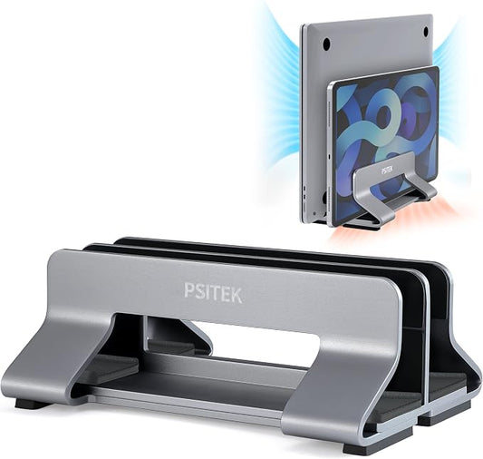 Aluminum Dual Vertical Laptop Stand Dock Holder, Supports 2 Devices, Adjustable by Psitek