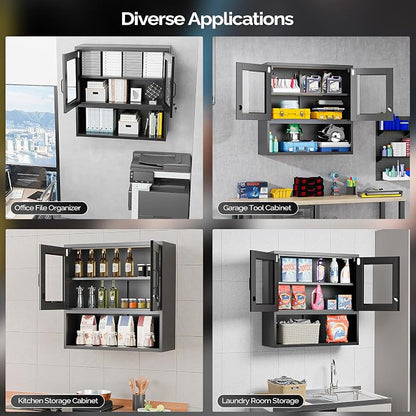 VINGLI Metal Wall Cabinet with Locking Glass Doors & Magnetic LED Sensor Light - Image 8