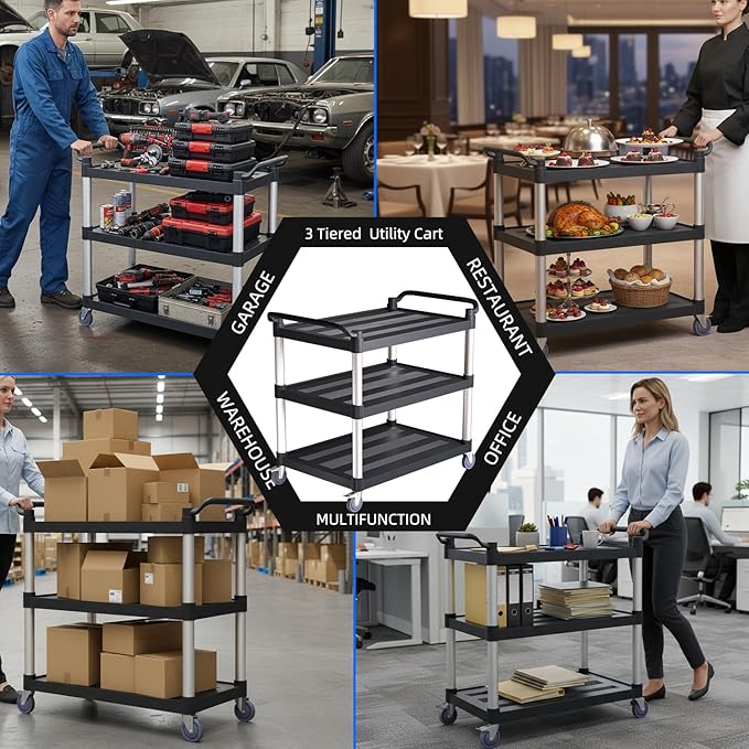 3 Tier Rolling Cart with Hair-Proof Wheels, Plastic Utility Service Cart - Image 7