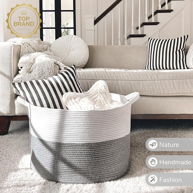 INDRESSME Large Storage Basket, 21.7'' x 13.8'' Cotton Rope Blanket Basket - Image 7
