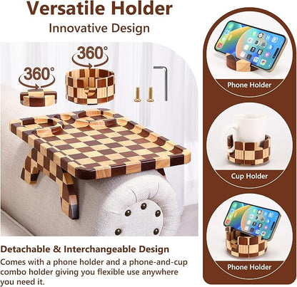Couch Arm Table, Checkered Carbonized Rubber Wood Sofa Armrest Tray, 3-in-1 - Image 8
