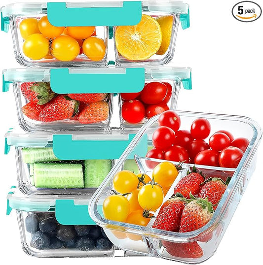 KOMUEE Glass Meal Prep Containers 3 Compartments, 5 Pack 36 oz, Glass Food by KOMUEEUS
