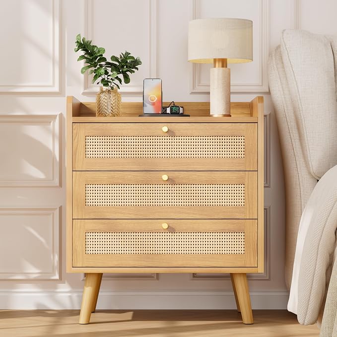 Rattan Night Stand with Charging Station, End Tables with 3 Drawer Dresser by MECHYIN