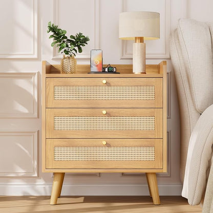 Rattan Night Stand with Charging Station, End Tables with 3 Drawer Dresser by MECHYIN