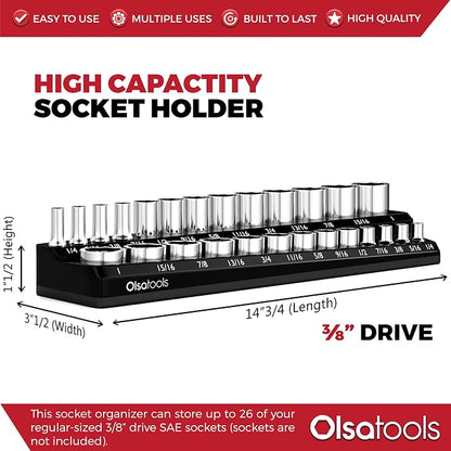 Olsa Tools Magnetic Socket Organizer | 3/8-Inch Drive | SAE | Black | Holds 26 - Image 3