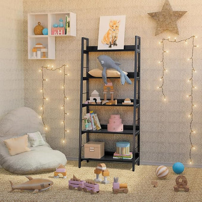 Himimi Black Ladder Bookshelf, 5 Shelf Bookcase Industrial Bookshelf Wood and - Image 9