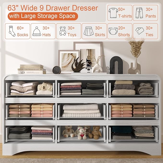 Dresser for Bedroom with 9 Drawers, Wood Closet Clothes Storage Long Dressers - Image 5