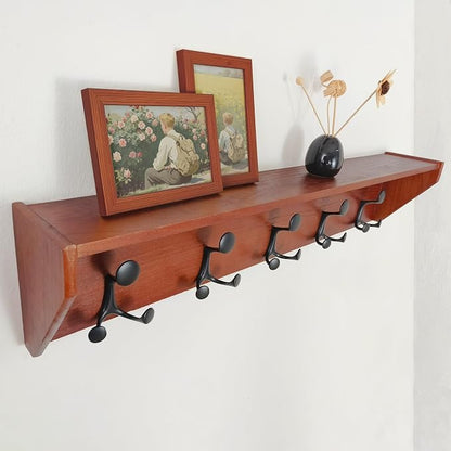 SKOLOO Wall Shelf with Hooks, 35-Inch Cherry Coat Rack Wall Mount with Shelf - Image 3