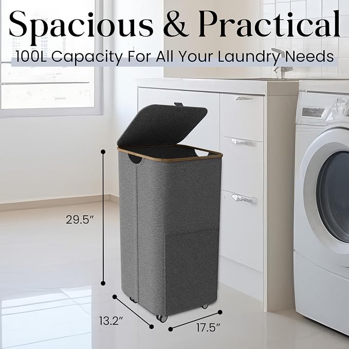 Laundry Basket with Wheels and Handle - 100L Bamboo-Fabric Laundry Hamper with - Image 5